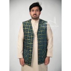 Luxury Turkish Embroidered Waistcoat – Green & Gold Jacquard Vest for Men | Traditional Ottoman Style