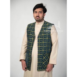Luxury Turkish Embroidered Waistcoat – Green & Gold Jacquard Vest for Men | Traditional Ottoman Style