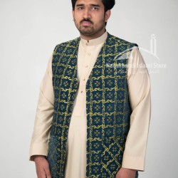 Luxury Turkish Embroidered Waistcoat – Green & Gold Jacquard Vest for Men | Traditional Ottoman Style
