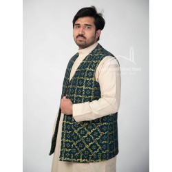 Luxury Turkish Embroidered Waistcoat – Green & Gold Jacquard Men’s Vest
