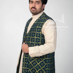 Luxury Turkish Embroidered Waistcoat – Green & Gold Jacquard Men’s Vest