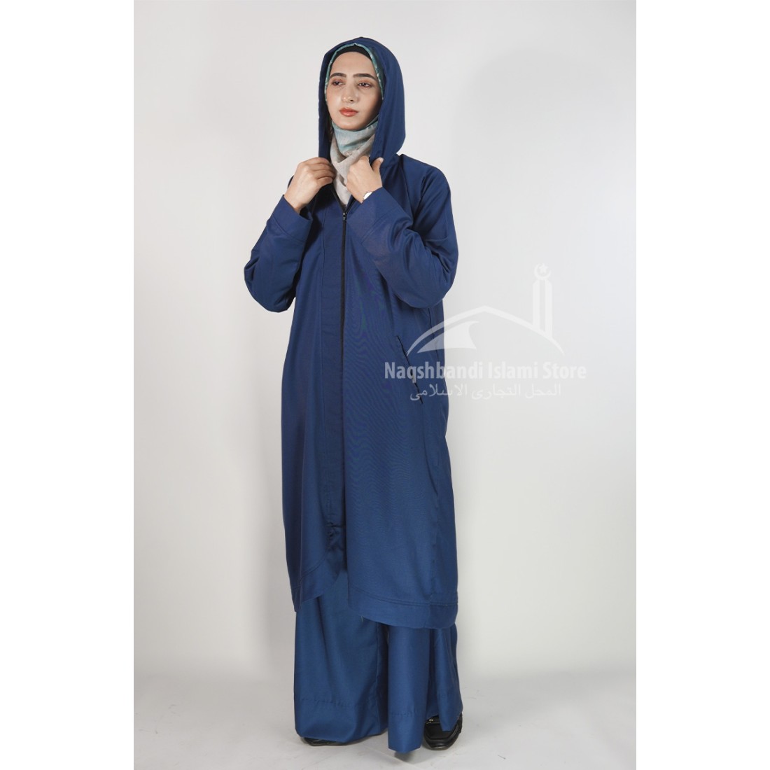 Zippered Shirt with Hood & Wide-Leg Trousers – Navy Blue