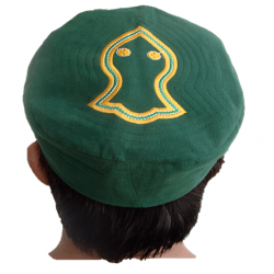 Dark Green Nalain Kufi Cap – Embroidered Velvet Hat with the Blessed Symbol of the Prophet ﷺ