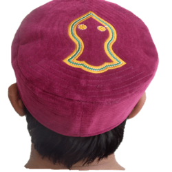Maroon Nalain Kufi Cap – Embroidered Velvet Hat with Blessed Symbol of the Prophet ﷺ