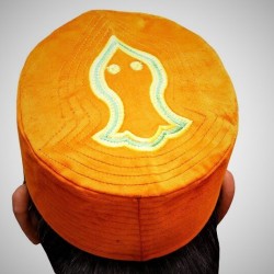 Orange Nalain Kufi Cap – Embroidered Velvet Hat with Blessed Symbol of the Prophet ﷺ