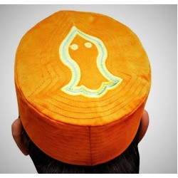 Orange Nalain Kufi Cap – Embroidered Velvet Hat with Blessed Symbol of the Prophet ﷺ