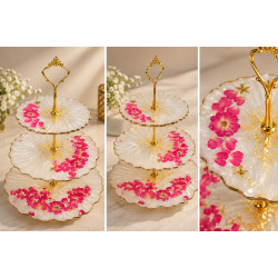 Luxury 3-Tier Resin Cake Stand with Pink Flowers & Gold Accents