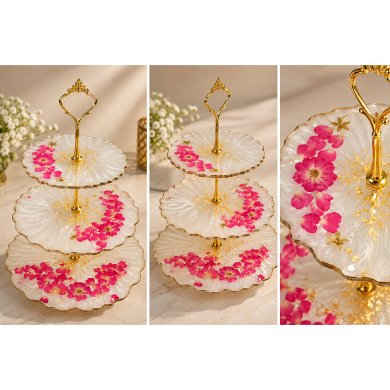 Luxury 3-Tier Resin Cake Stand with Pink Flowers & Gold Accents