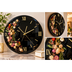 Luxury Black Resin Wall Clock with Preserved Flowers & Gold Roman Numerals