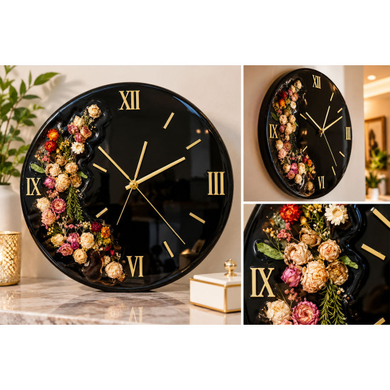 Luxury Black Resin Wall Clock with Preserved Flowers & Gold Roman Numerals