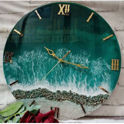 Ocean Wave Resin Wall Clock with Gold Roman Numerals – Handmade Epoxy Resin Art
