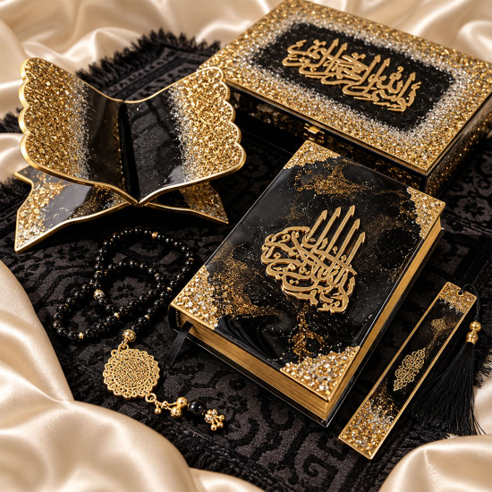 Black & Gold Islamic Gift Set with Decorative Quran Accessories
