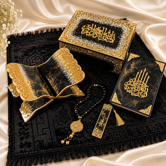 Black & Gold Islamic Gift Set with Decorative Quran Accessories