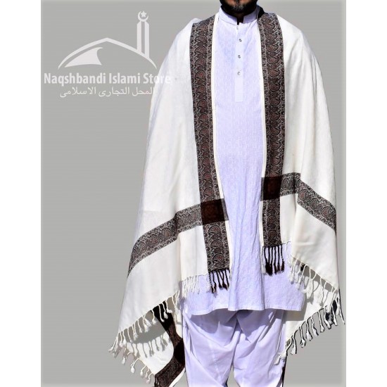 Baghdadi Shawl Sufi Muslim White Kashmiri Pashmina Shawl Wool Woven Embroidery 