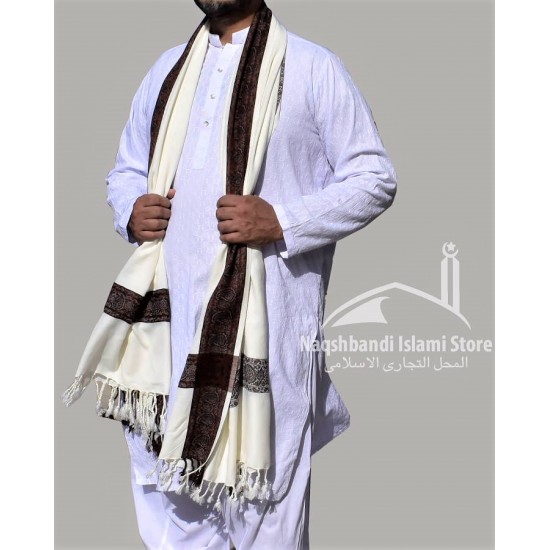 Baghdadi Shawl Sufi Muslim White Kashmiri Pashmina Shawl Wool Woven Embroidery 