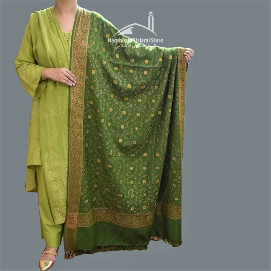 Women Shawl Acro Green Golden Patches Embroidered Four Corners