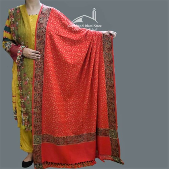 Women Shawl Acro Woolen Red Self Embroidery