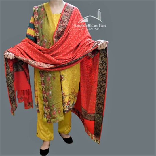 Women Shawl Acro Woolen Red Self Embroidery