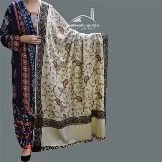 Women Shawl Skin Color Beautifully Flowered and Four Corners Full Embroidered