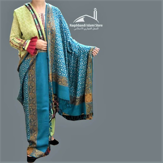 Women Shawl Turquoise Blue Acro Woolen All Borders Embroidery