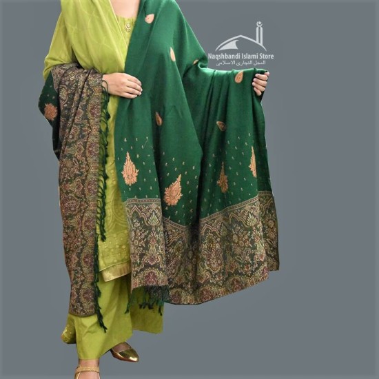 Women Shawl Acro Green Woolen Brown Designer Sides