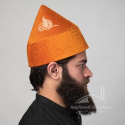 Kufi Cone Taj — Orange | Handcrafted Velvet Naqshbandi Sufi Imamah Cap with Ottoman Embroidery | Naqshbandi Hat for Turban Wrapping