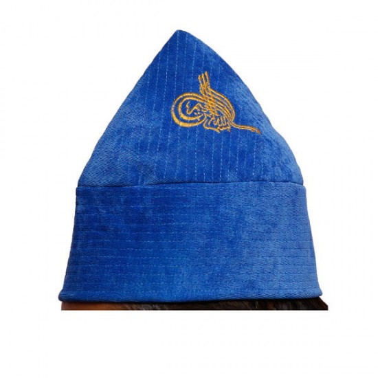 Kufi Cone Taj — Sky Blue | Handcrafted Velvet Naqshbandi Sufi Imamah Cap with Ottoman Embroidery | Naqshbandi Hat for Turban Wrapping
