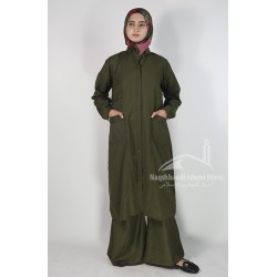 Sage Green Made-to-Order Modest Coat | Elegant Button-Down Long Shirt & Wide-Leg Trouser Set – Dark Olive Green 