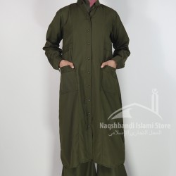 Sage Green Made-to-Order Modest Coat | Elegant Button-Down Long Shirt & Wide-Leg Trouser Set – Dark Olive Green 