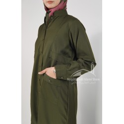 Sage Green Made-to-Order Modest Coat | Elegant Button-Down Long Shirt & Wide-Leg Trouser Set – Dark Olive Green 