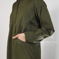 Sage Green Made-to-Order Modest Coat | Elegant Button-Down Long Shirt & Wide-Leg Trouser Set – Dark Olive Green 