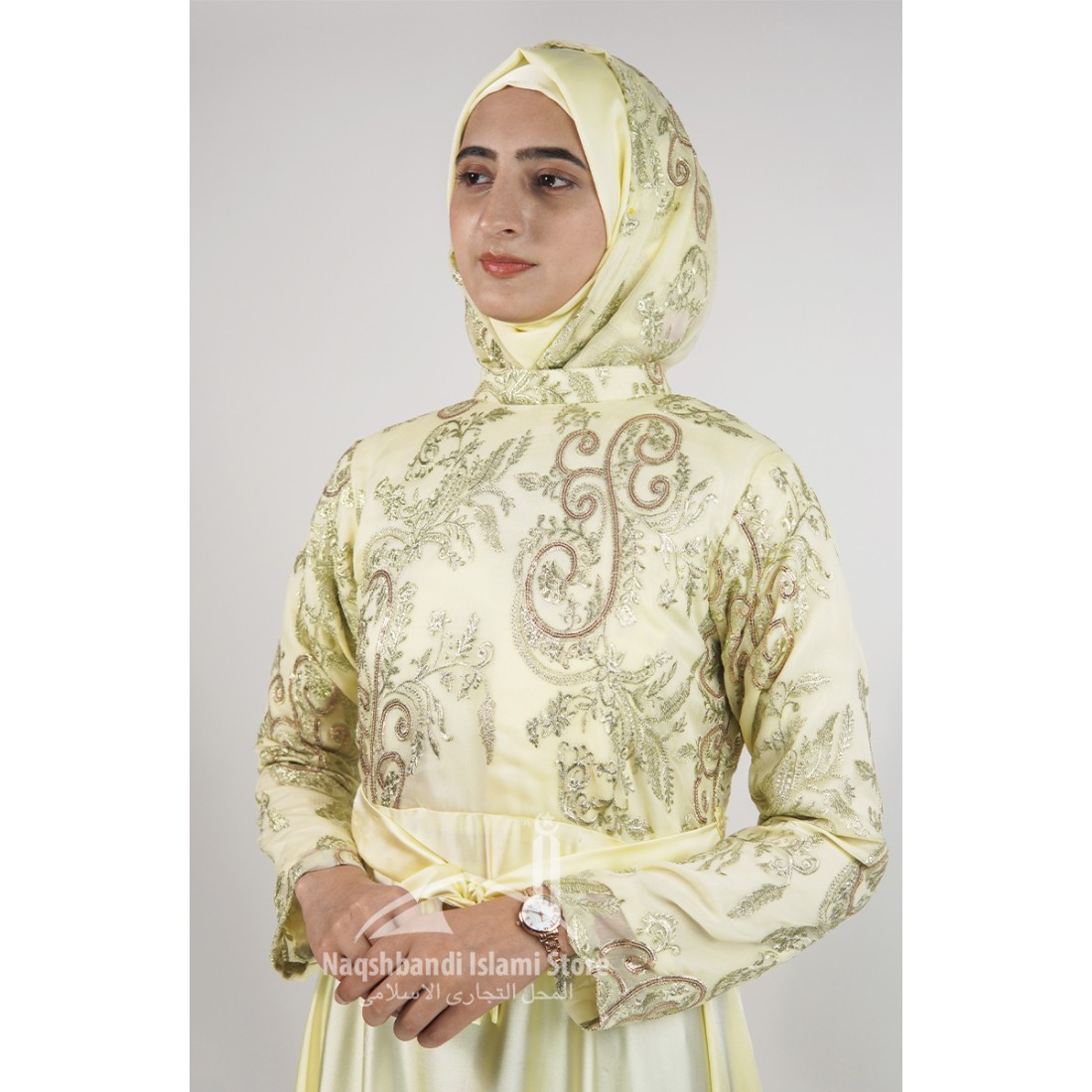 Embroidered Chiffon Abaya Gown – Pastel Yellow