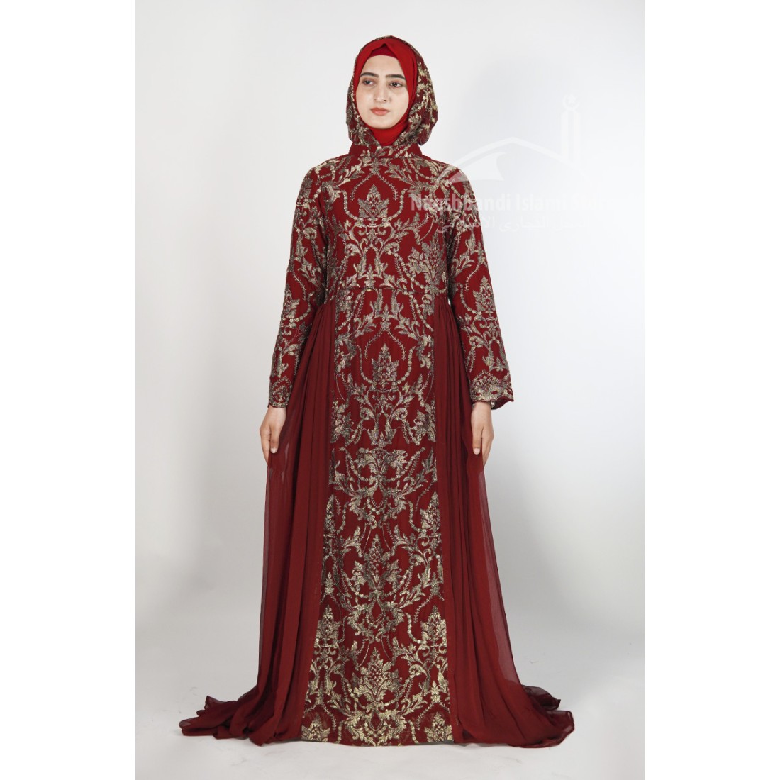 Luxury Embroidered Chiffon Abaya Gown – Maroon