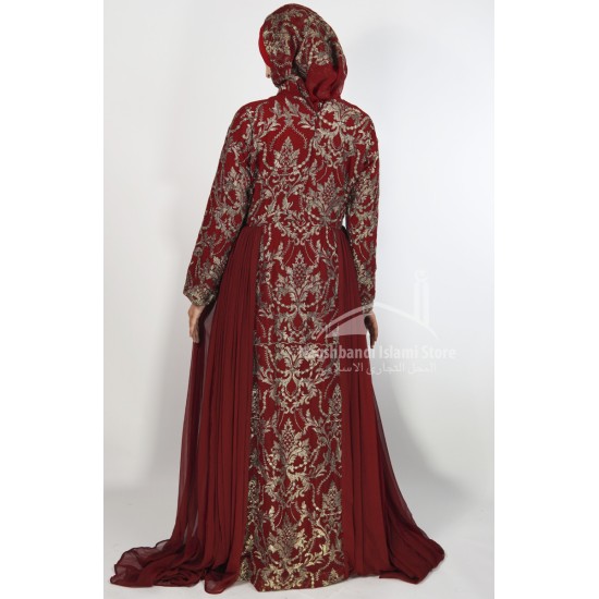 Luxury Embroidered Chiffon Abaya Gown  Maroon | Elegant Modest Evening  Wear for Women