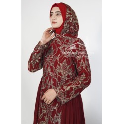 Luxury Embroidered Chiffon Abaya Gown – Maroon | Elegant Modest Wear for Weddings & Eid