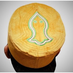 Yellow Nalain Kufi Cap – Embroidered Velvet Hat with the Blessed Symbol of the Prophet ﷺ