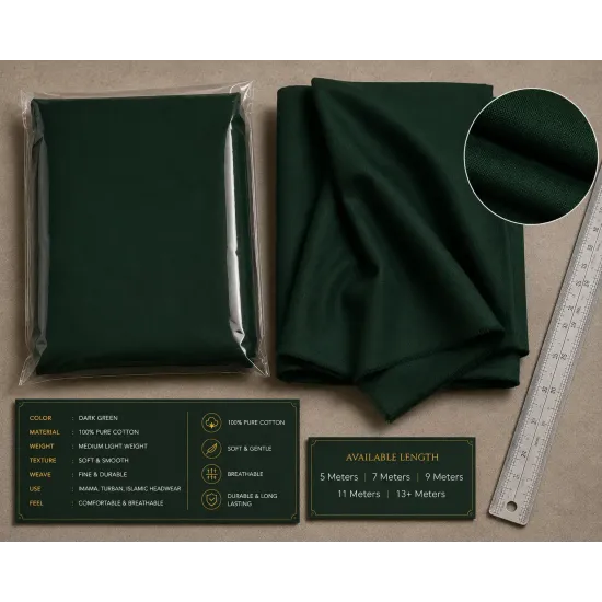 Dark Green Turban Cloth for Imama and Dastar – Traditional Islamic Cotton Fabric