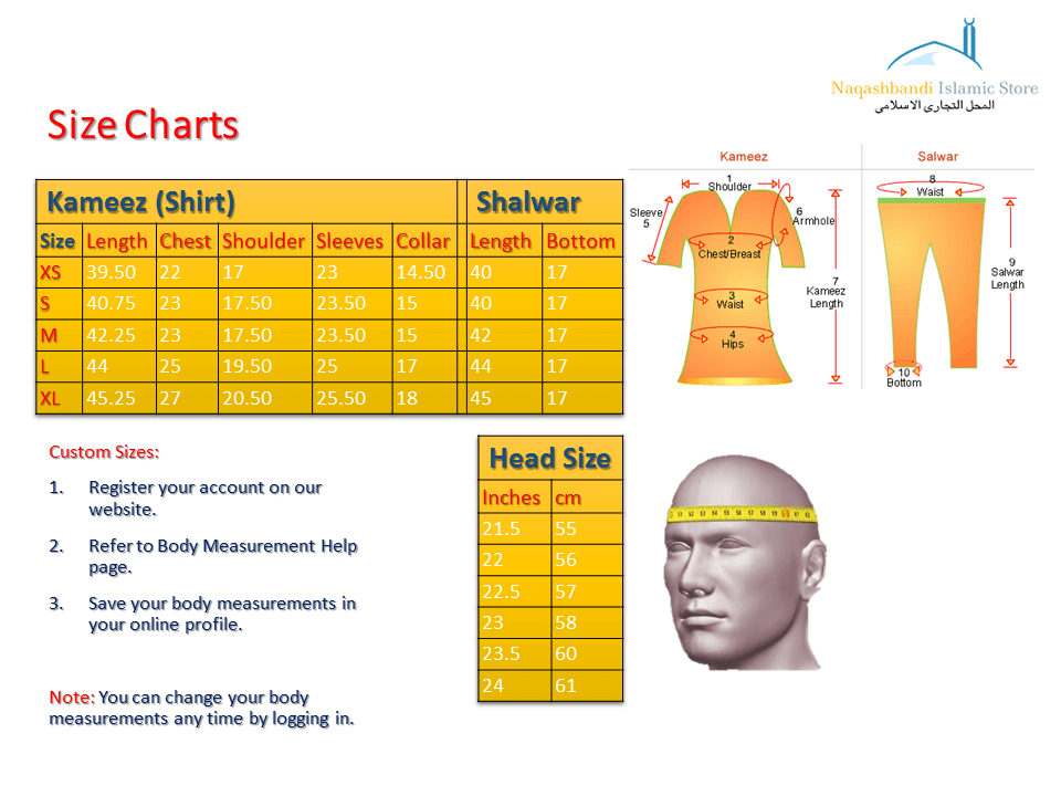 Shalwar Kameez and Head Size Charts